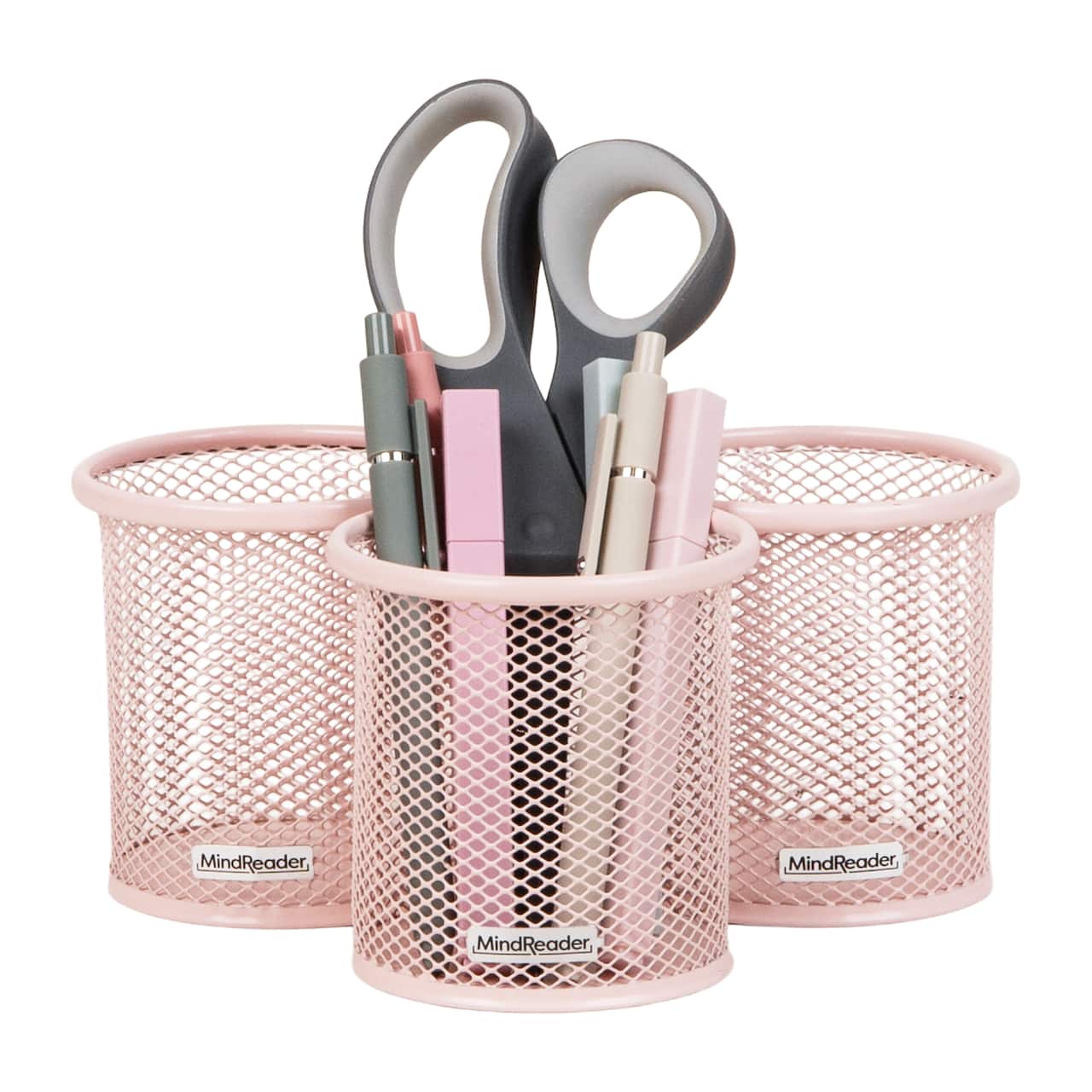 Mind Reader Pen and Accessories Holder, Desktop Organizer, Office, Metal Mesh, Set of 3, Pink